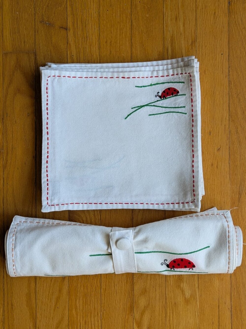TAG Brand Embroidered Ladybug Table Runner & 12 Napkin Set Cotton Whimsical